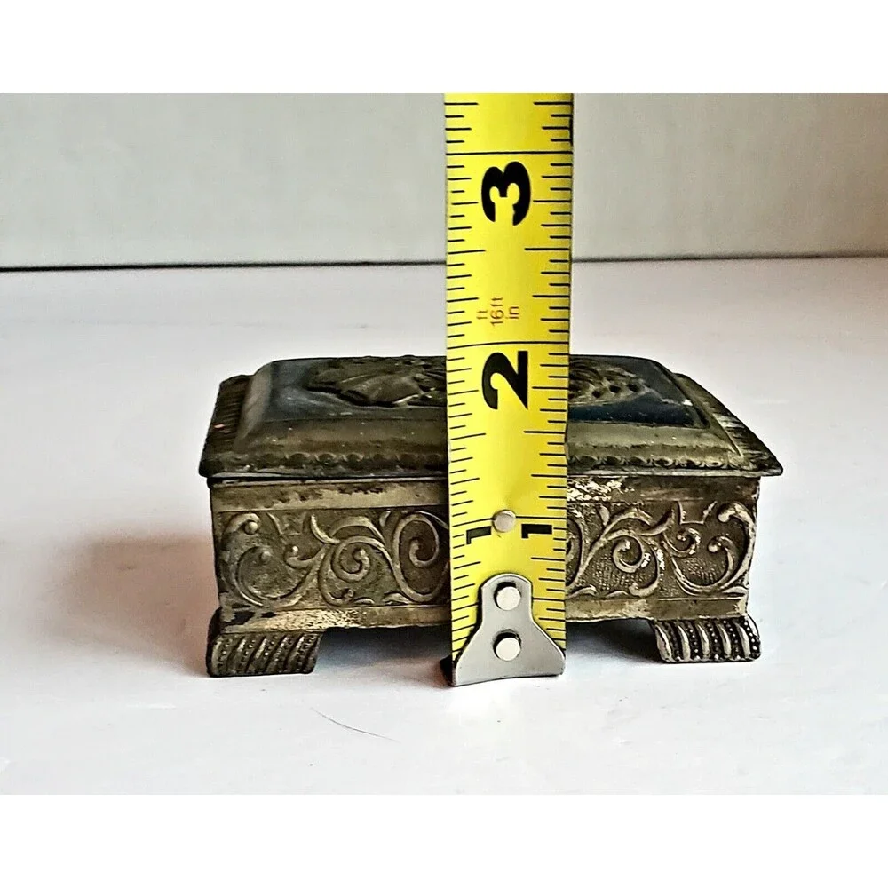 Silver Toned Footed Trinket Box Occupied Japan Blue Top Embossed Rose Vintage